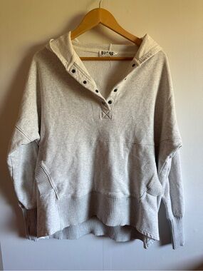 Oversized Grey Oatmeal Henley Hoodie Thumbholes Cozy Lounge Pullover M